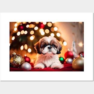 Tiny Shih Tzu Christmas Puppy Posters and Art